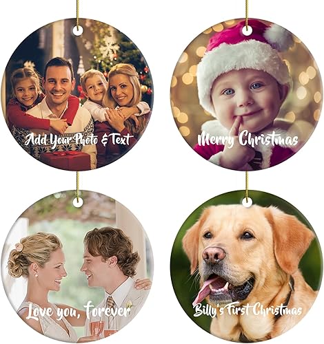 Miniatura 1 de Paquete de 4 adornos de Navidad personalizados, añade imagen, texto personalizado, adorno colgante de cerámica para Navidad 2024, decoración de