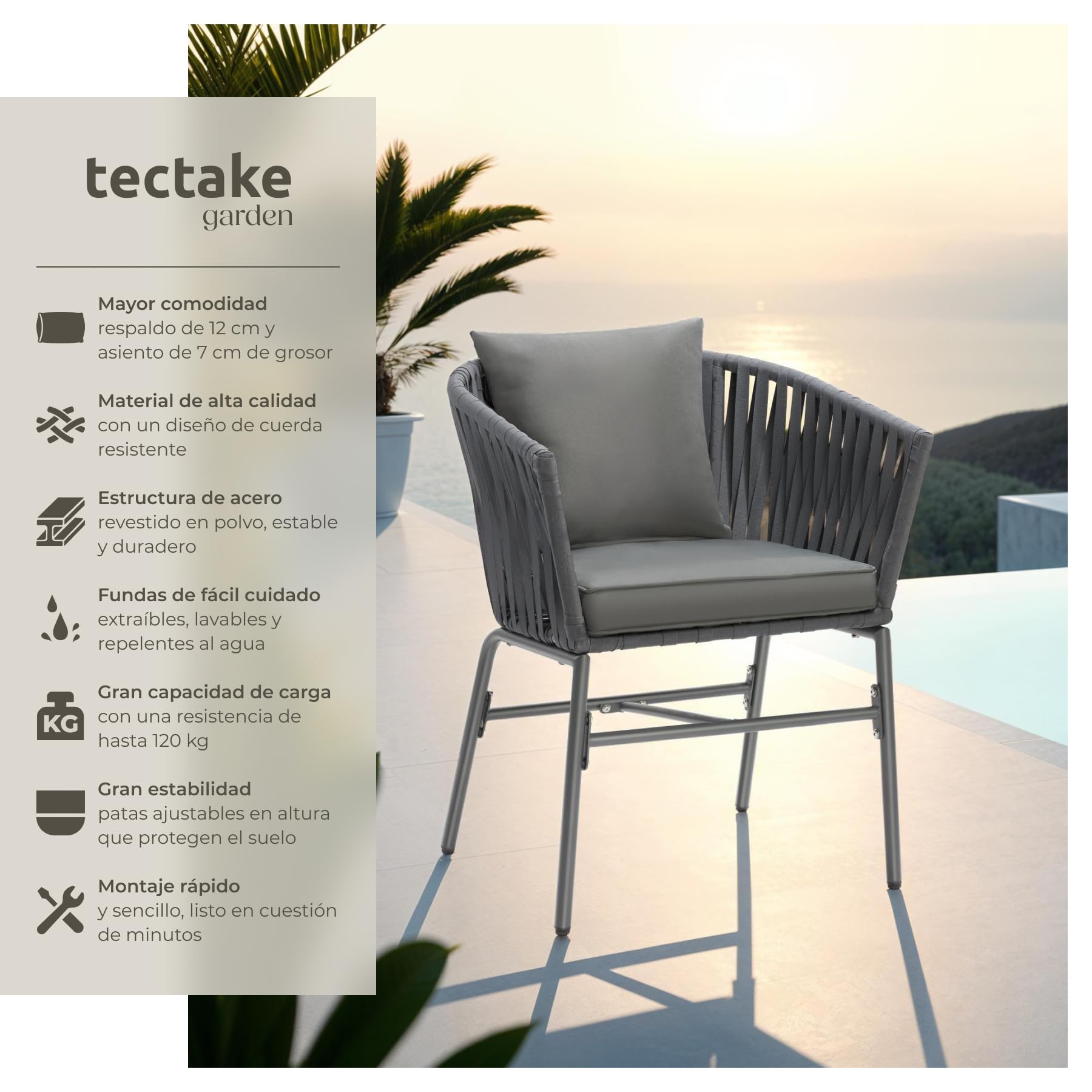 tectake® Sillas Jardin Exterior con Cojines Gruesos, Butacas Cómodas Terraza, Silla Cocina, Muebles de Exterior e Interior, Silla Tocador Maquillaje, Butacas de Comedor - 2 Sillas Gris Oscuro