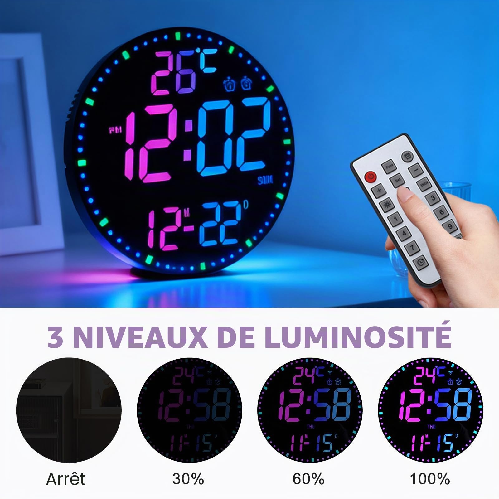 SUNOYA Horloge murale numérique, 30,5 cm, avec veilleuse, alarme, télécommande, 12 couleurs RVB, horloge LED, luminosité automatique, affichage de la température, horloge numérique pour chambre à