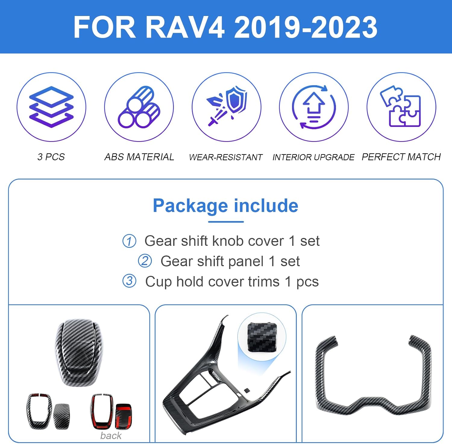 Gear Shift Protective Panel, Gear Shift Knob Cover Interior Center Console Anti-Scratching Protector, Auto Accessories fit for RAV4 2019-2025, Black Carbon Fiber Style