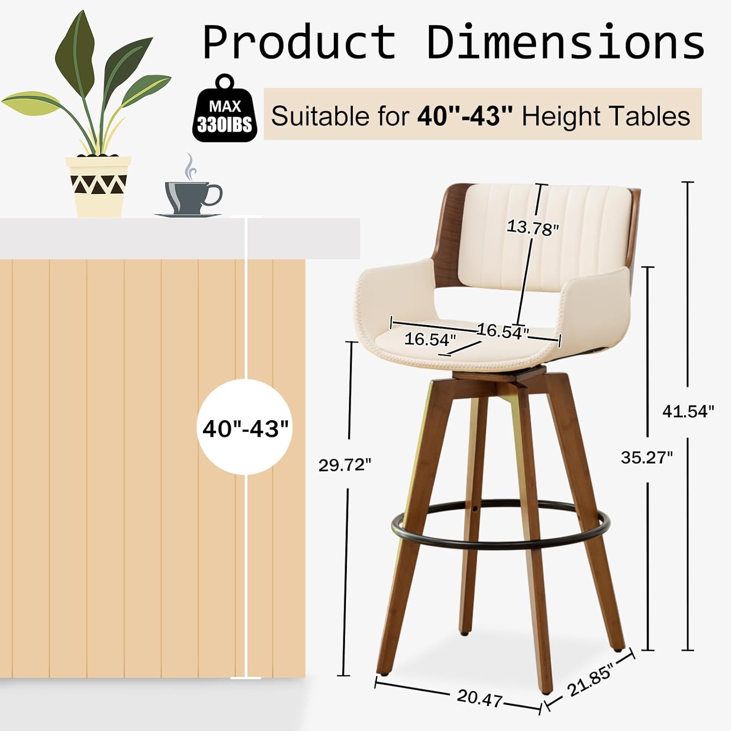 MEKLIBA Beige Bar Stools Set of 2, 30 Inch Bar Stools Bar Height,Swivel Barstool with Backs and Arm Rest，Faux Leather Bar Chairs, Mid Century Modern Stools for Kitchen Island