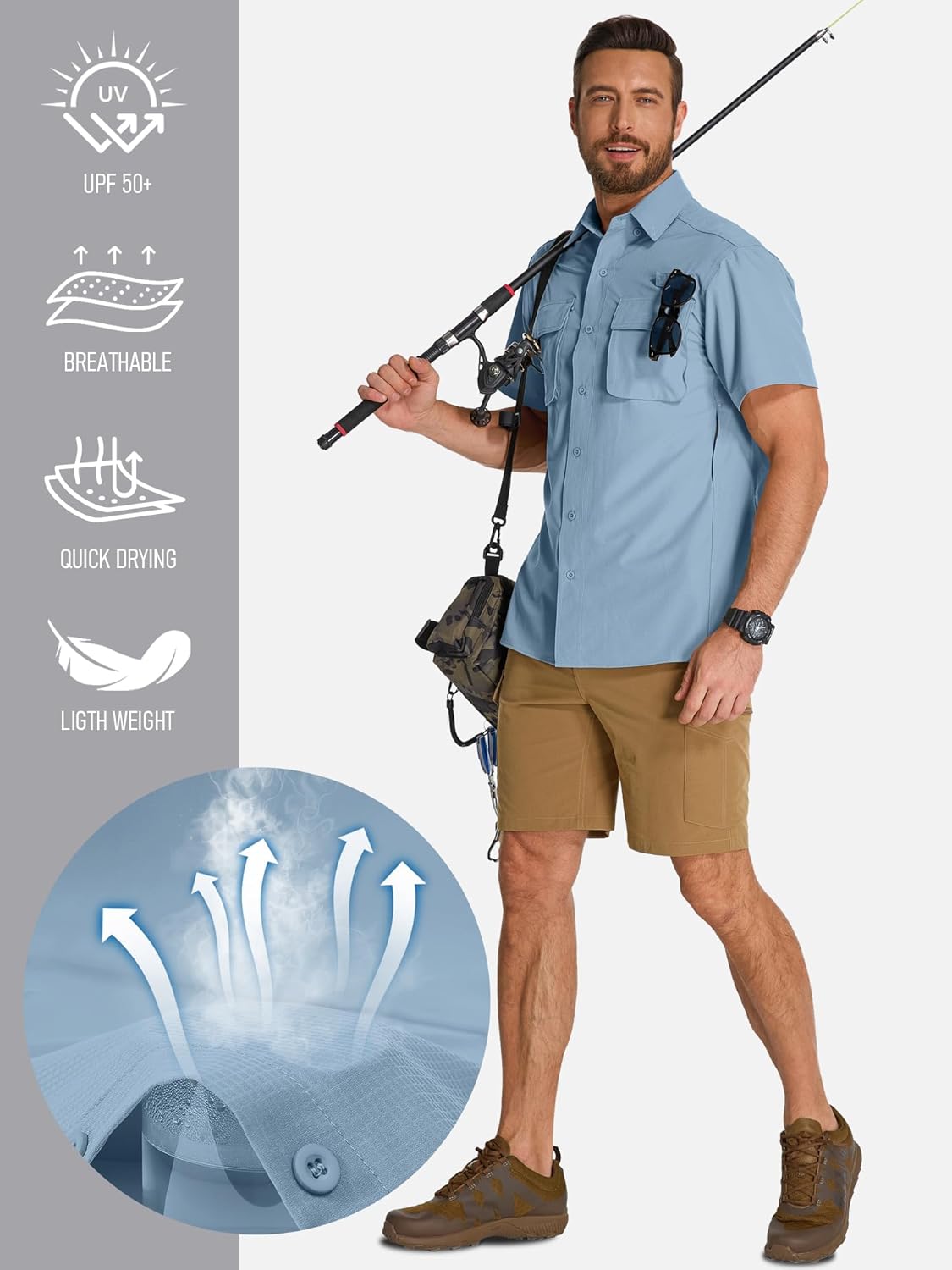 Mens UPF 50+ Sun Protection Short Sleeve Quick Dry Fishing Safari Hiking Shirt with Zipper Pocket Lightweight Cooling