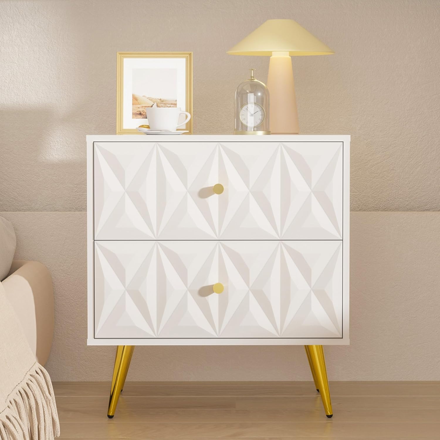 Nightstand Set of 2, White and Gold Nightstands with 2 Diamond Pattern Drawers, Modern End Table Side Table with Gold Handle & Legs for Bedroom