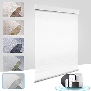 No Drill No Tools Motorized Blinds with Remote Fast Fix Smart Roller Shades 50% Blackout Linen Electric Roller Blinds Cordless Remote Control Blind Customize Automatic Blind for Window, White