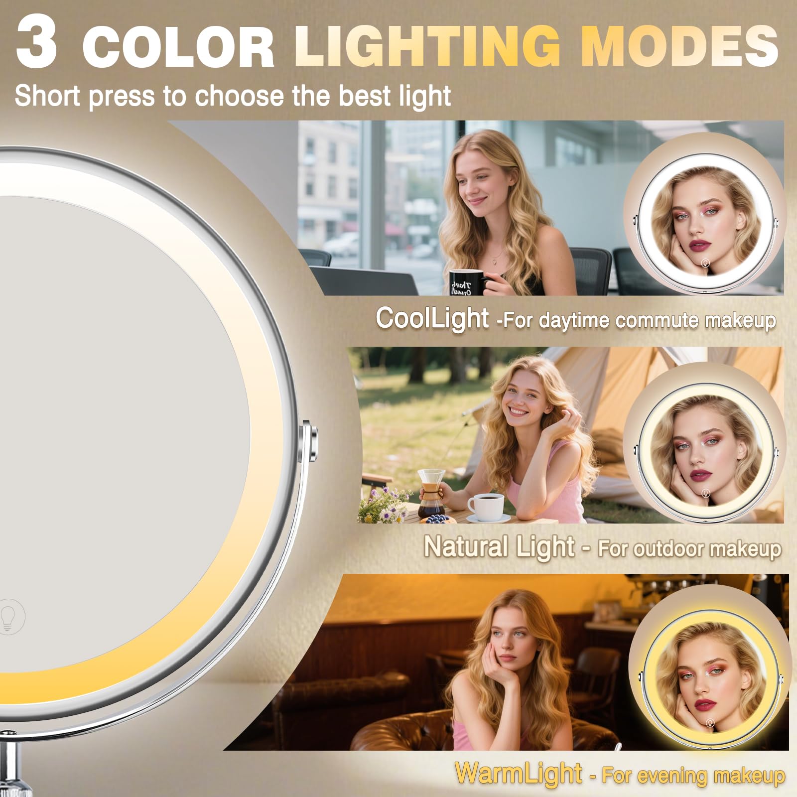 Espejo de Maquillaje Iluminado Ajustable de 9 Pulgadas de Altura con Aumento de 10 aumentos, Espejo de tocador Recargable de 360° de Doble Cara con 3 Modos de Color, Brillo táctil Regulable para baño