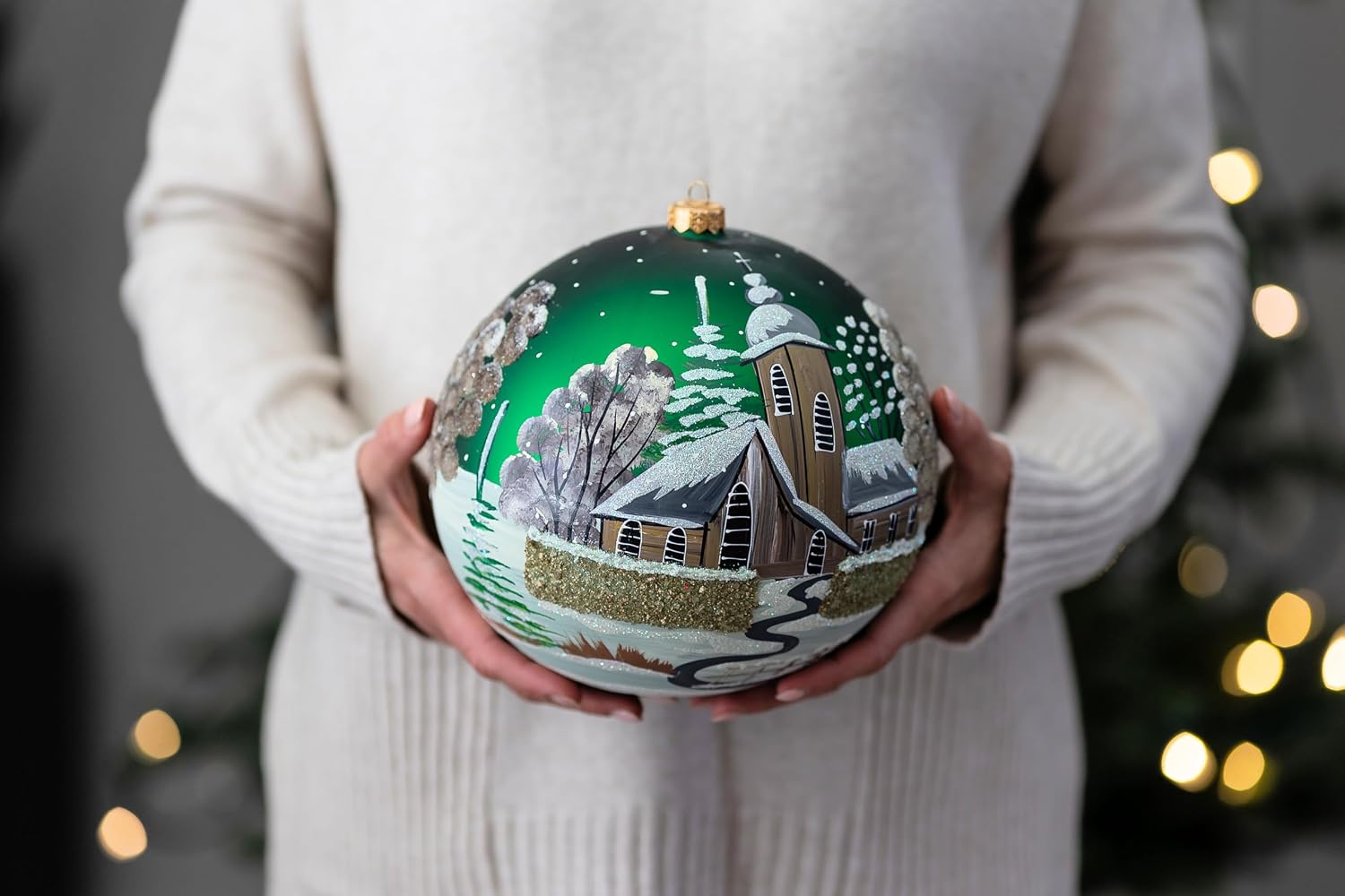 Green Chapel Christmas Ornament with Stand Polish Blown Glass Ball Extra Large Bauble 8 inch/200mm Hand Painted Everlasting Faith Ornament