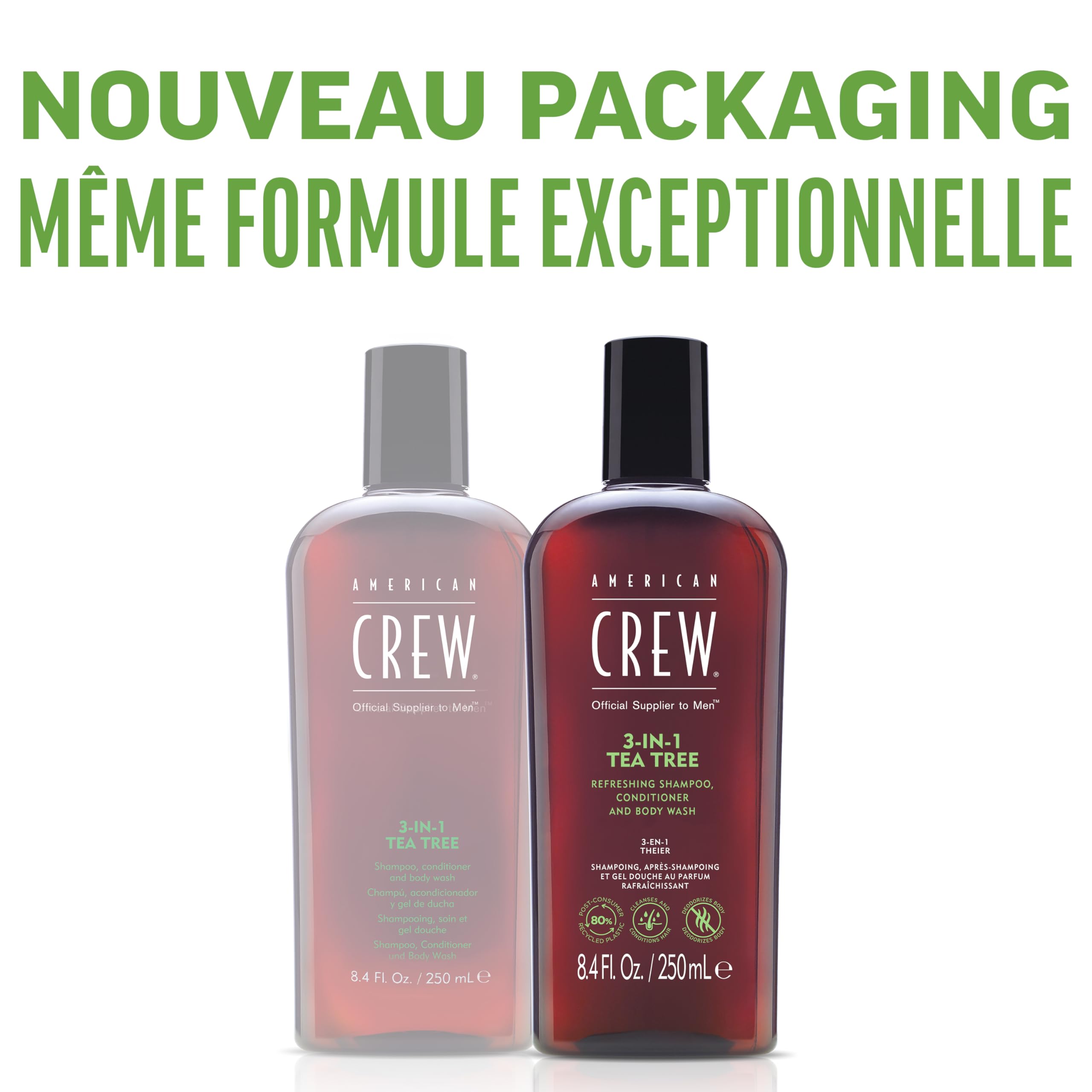 American Crew - Shampoing 3 En 1 - Shampooing, Après Shampoing & Gel Douche pour Cheveux et Corps - Soin Cheveux Revitalisant, Hydratant et Apaisant - Parfum Tea Tree - 100ml