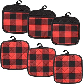 6 Pieces 100% Classic Check Pattern Potholder , Heat Resistant with Pocket for Easy Grip. Red Plaid