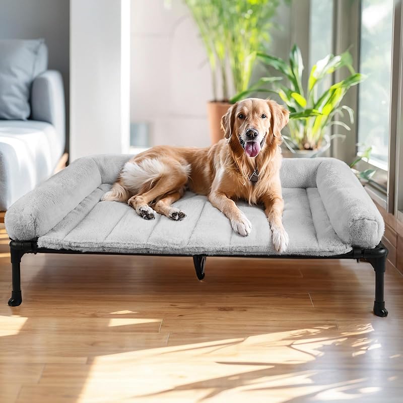 Veehoo Elevated Dog Beds Large Sized Dog with Fluffy Plush Bolster Cushion | Orthopedic Raised Dog Beds for Indoor Outdoor, Soft Pet Sofa Cot with Removable Washable Mat, No-Slip Feet, 49" x 33", Grey