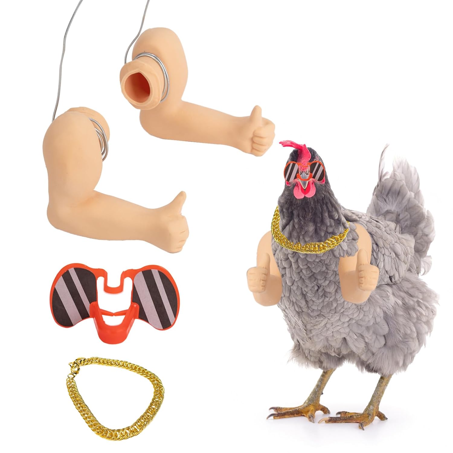 Extguds Thumb up Chicken Arms to Put on Chickens,a Funny Chicken Arm Toy with Peepers and Necklace,a Set of Pet Prank Role-Playing Costumes