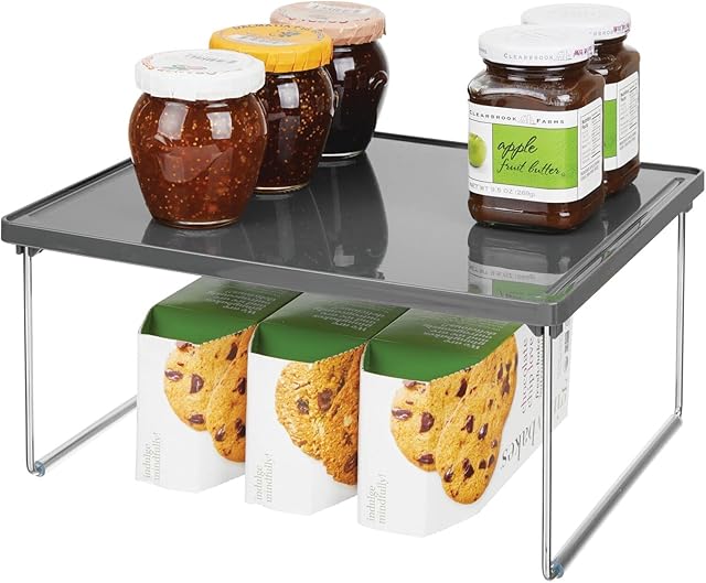 mDesign Kitchen Shelf  Plate Shelf for Worktop and Kitchen Cabinets  Stackable Dish Storage with Foldable Metal Legs  Charcoal