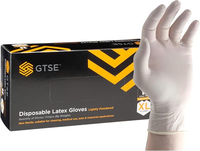 GTSE Box of 100 Latex Gloves, Size Extra Large (XL), Lightly Powdered Disposable Gloves, White, Suitable for Medical Use, Automotive, Cleaning and Industrial