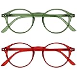 OPULIZE REY Reading Glasses for Women Men, Retro Round Frame with Spring Hinges, Matte Green, Red +3.00 (Pack of 2)