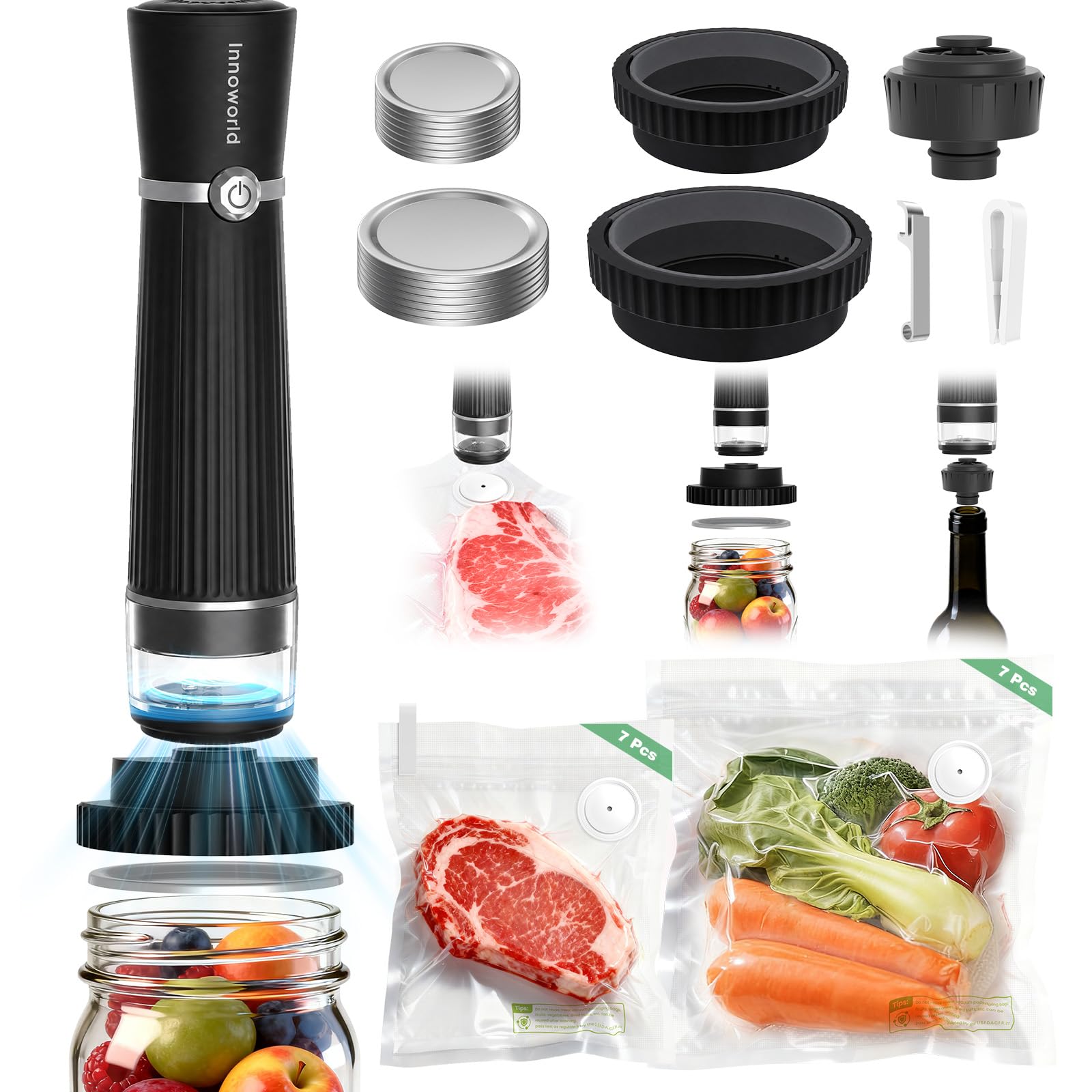 Sigillatrice sottovuoto 3 in 1 per alimenti, compatibile con sacchetti sottovuoto, barattoli, bottiglie di vino, macchina sottovuoto compatta (nera), sacchetti, coperchi per barattoli di