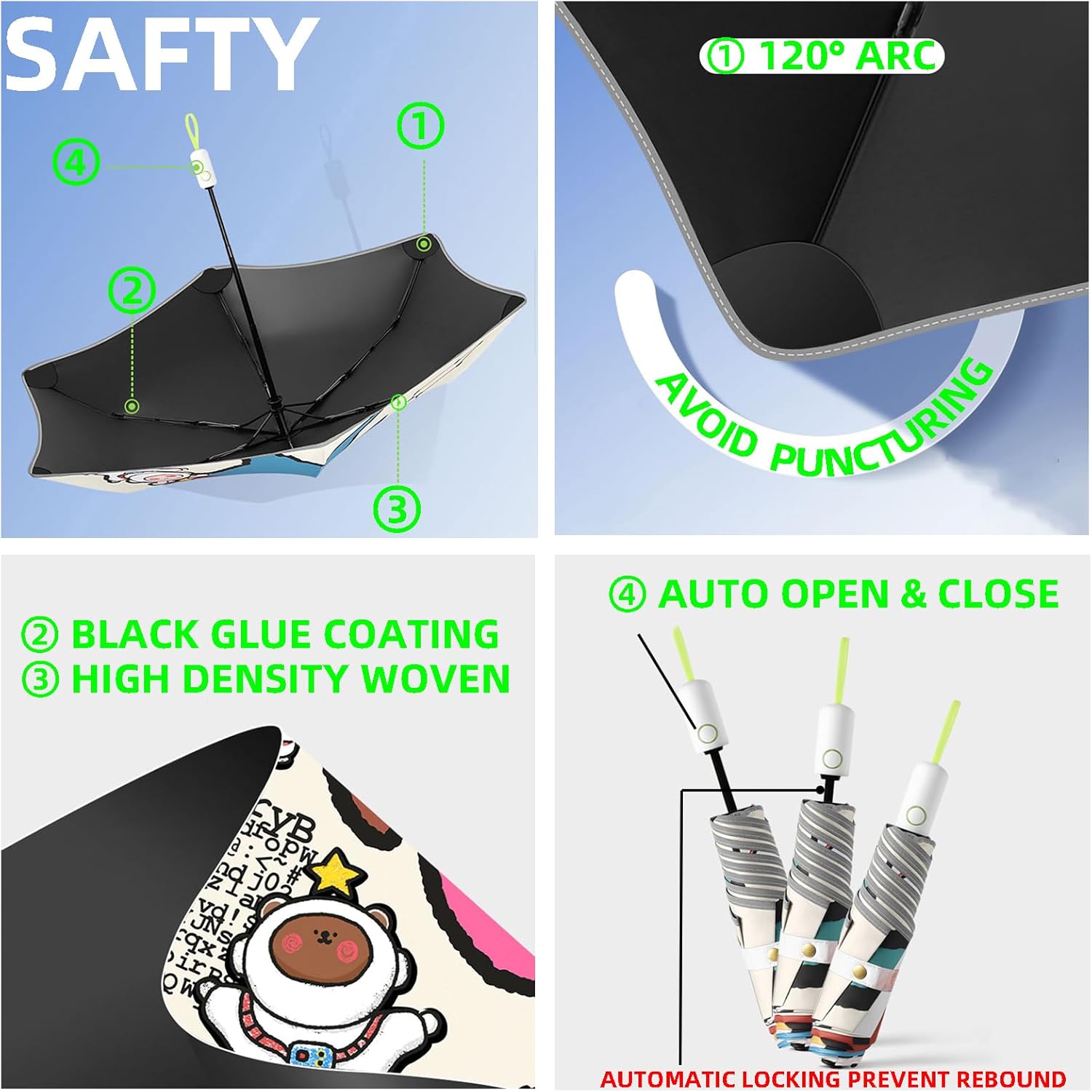 Rounded Corner Folding Umbrella Anti-UV Compact Durable Umbrella Auto Open/Close Lightweight Backpack Cute Cartoon Umbrella for Girls & Boys