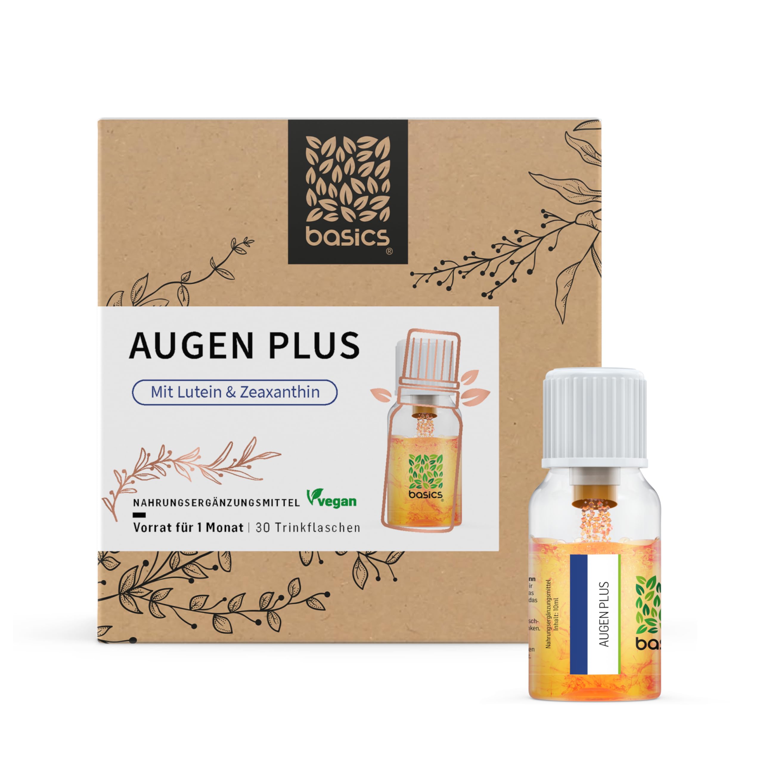 basics Augen Plus mit 10.000 mcg Lutein & 1.000 mcg Zeaxanthin - Hochdosiert - für optimale Augengesundheit mit Vitamin A und Zink - 30 Trinkflaschen - 10ml pro Tagesdosis - Vegan (300 ml (1er Pack))
