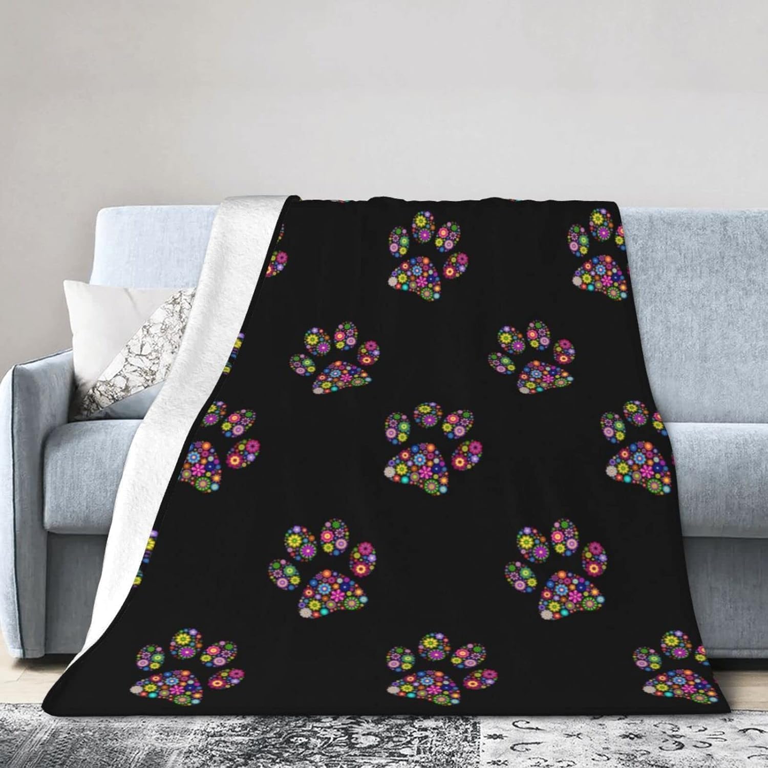 毛布 シングル ブランケット 花柄の動物の足跡 スーパーソフトスローブランケット、暖かく軽量なフランネルブランケット、洗濯可能、毛玉