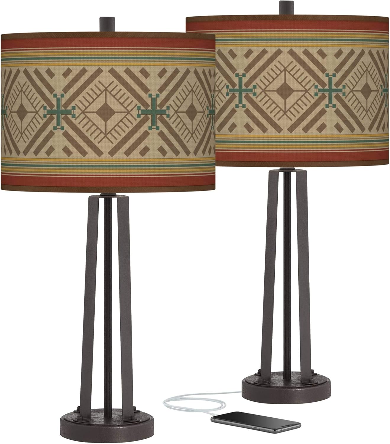 Desert Diamonds 25 1/2" Bronze USB Table Lamps Set of 2 with Print Shade