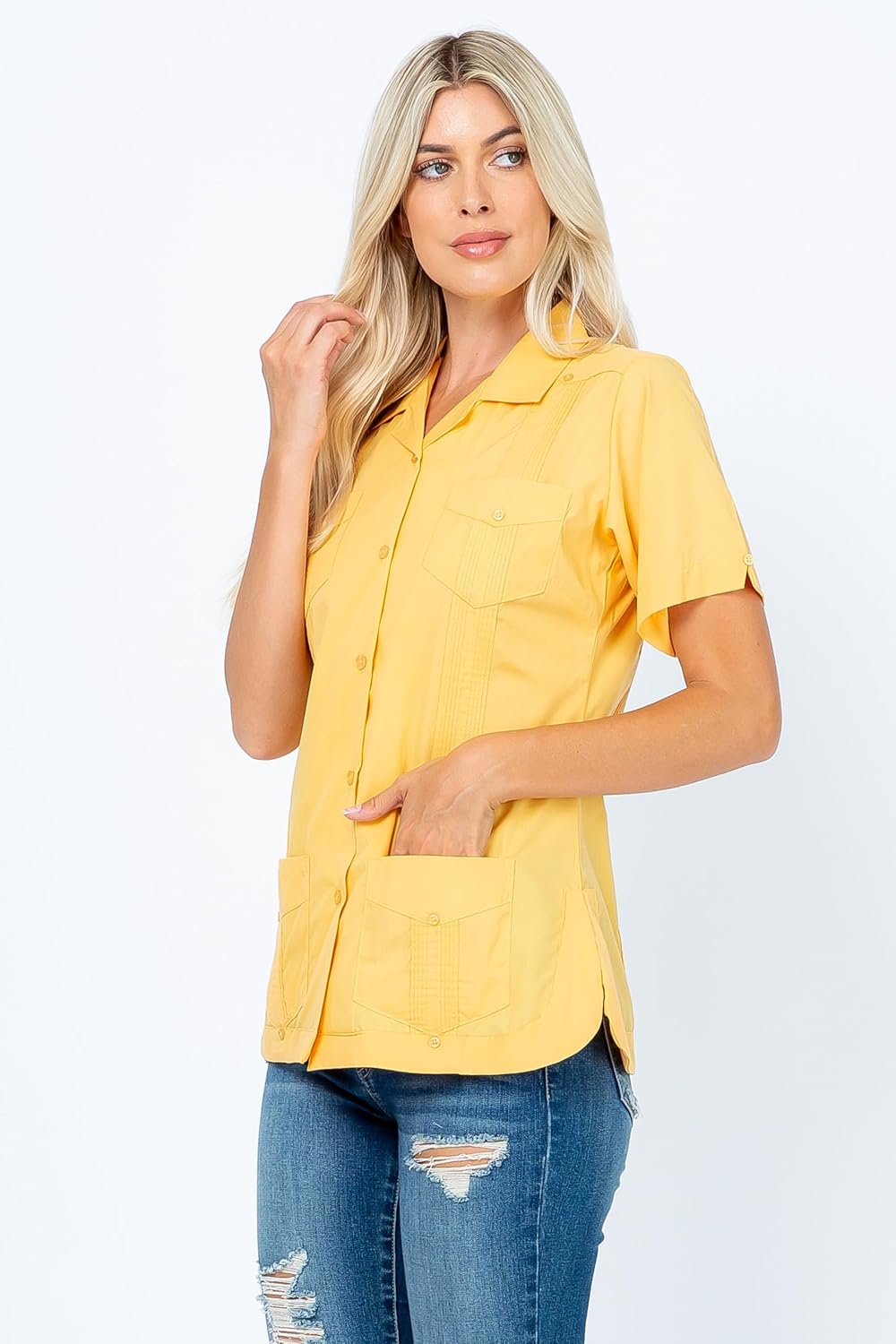 Mojito Collection Women's Cotton Blend Classic Short Sleeve 4-Pocket Guayabera - Image 3