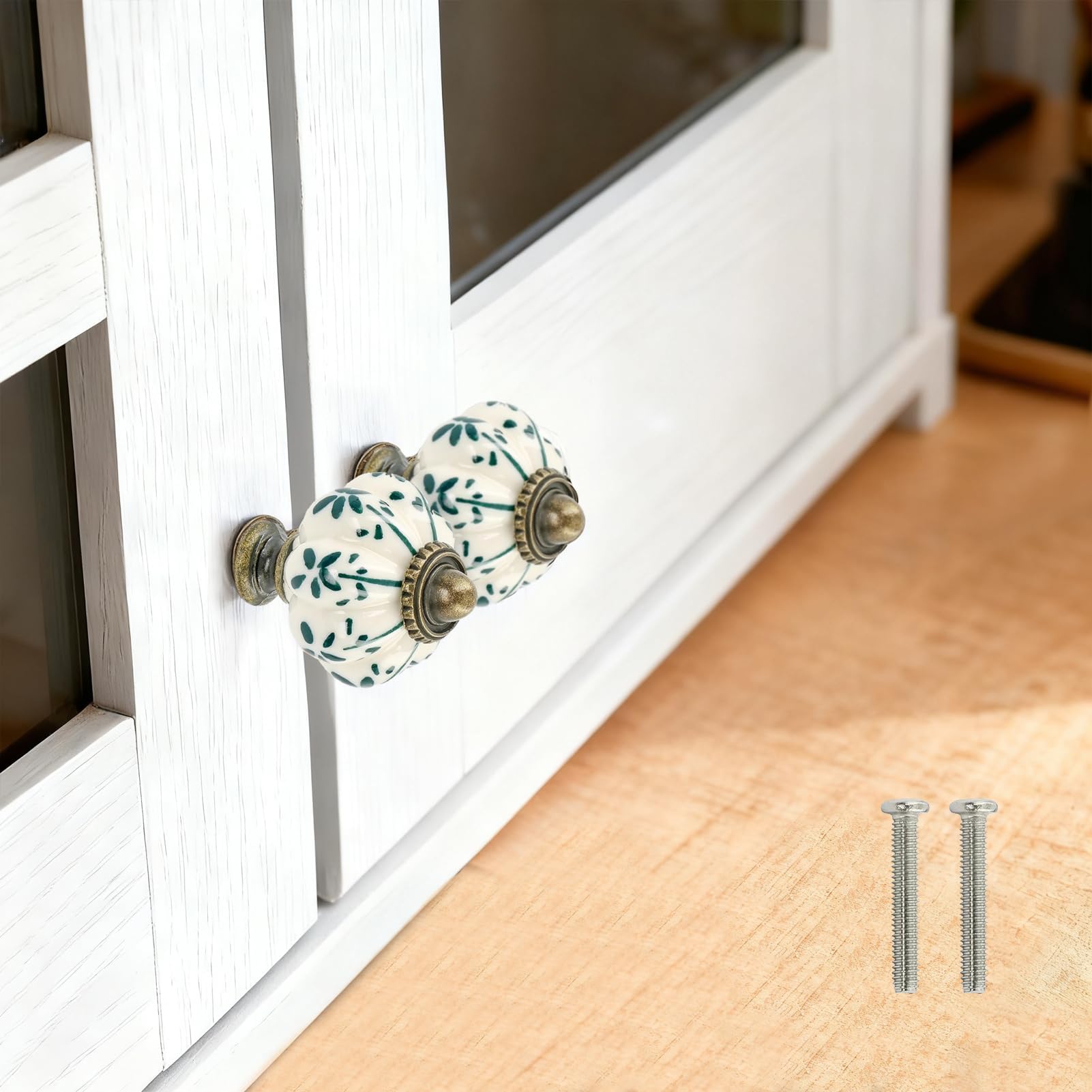 2PCS Pumpkin Ceramic Cabinet Knobs – Knobs Handles for Dresser Furniture Drawers/Kitchen/Door/Bathroom, Green Flower