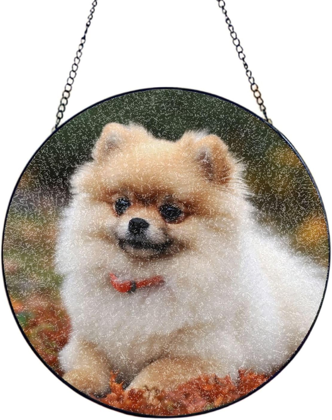Stained Glass Window Hanging 6in（15cm）, Short-haired Pomeranian Dog Glass Suncatcher for Home Decor, Indoor Wall Art Glass Panel with Metal Chain and Hooks, Sun Catcher Ornament Birthday Gifts