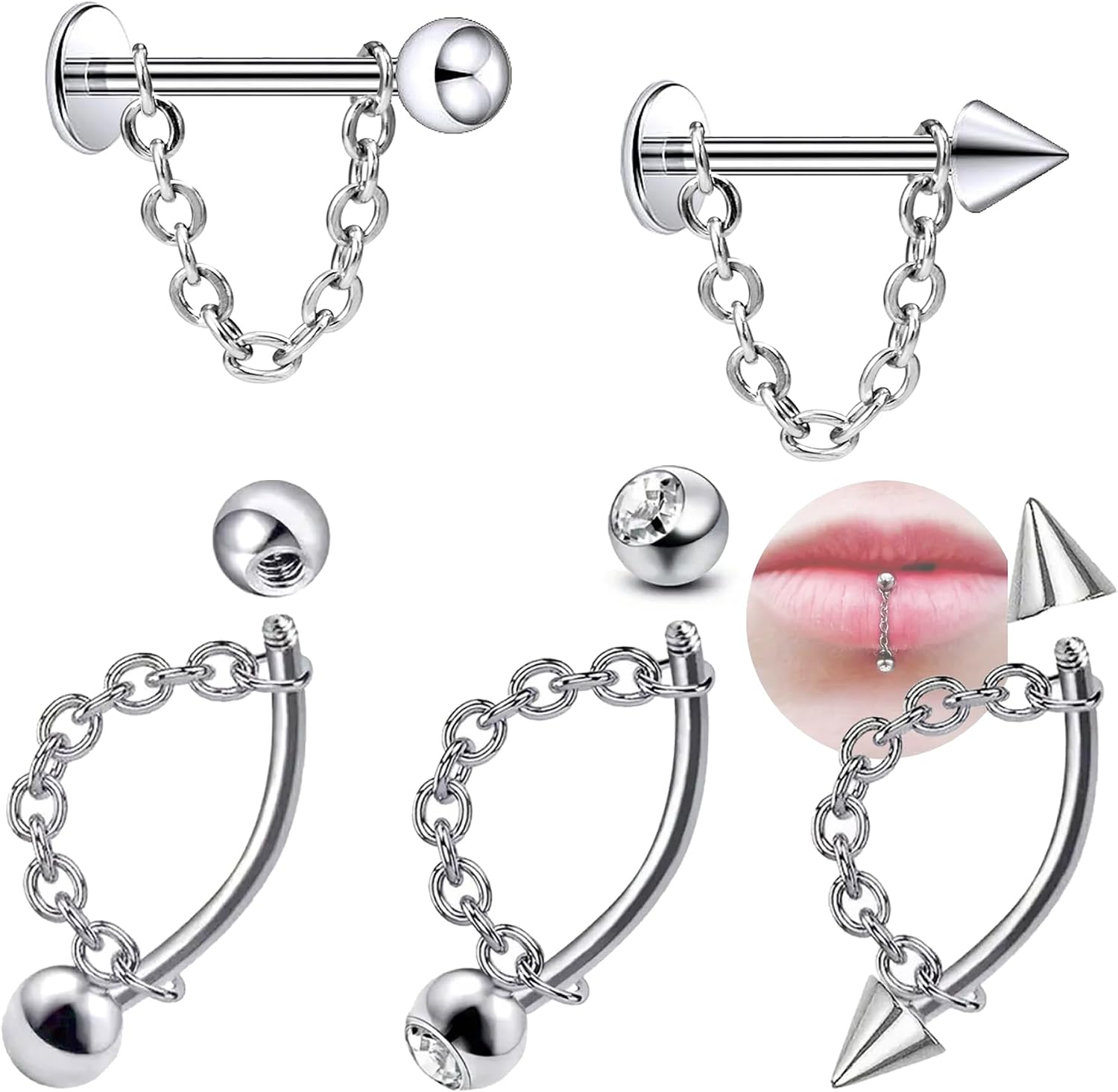 3Pcs 316L 16G Lip Rings Snake Bite Jewelry Eyebrow Rings Tragus Helix Rook Piercing Jewelry with Chain, Stainless Steel Cartilage Earrings, Belly Button Ring Vertical Labret Lip Piercing