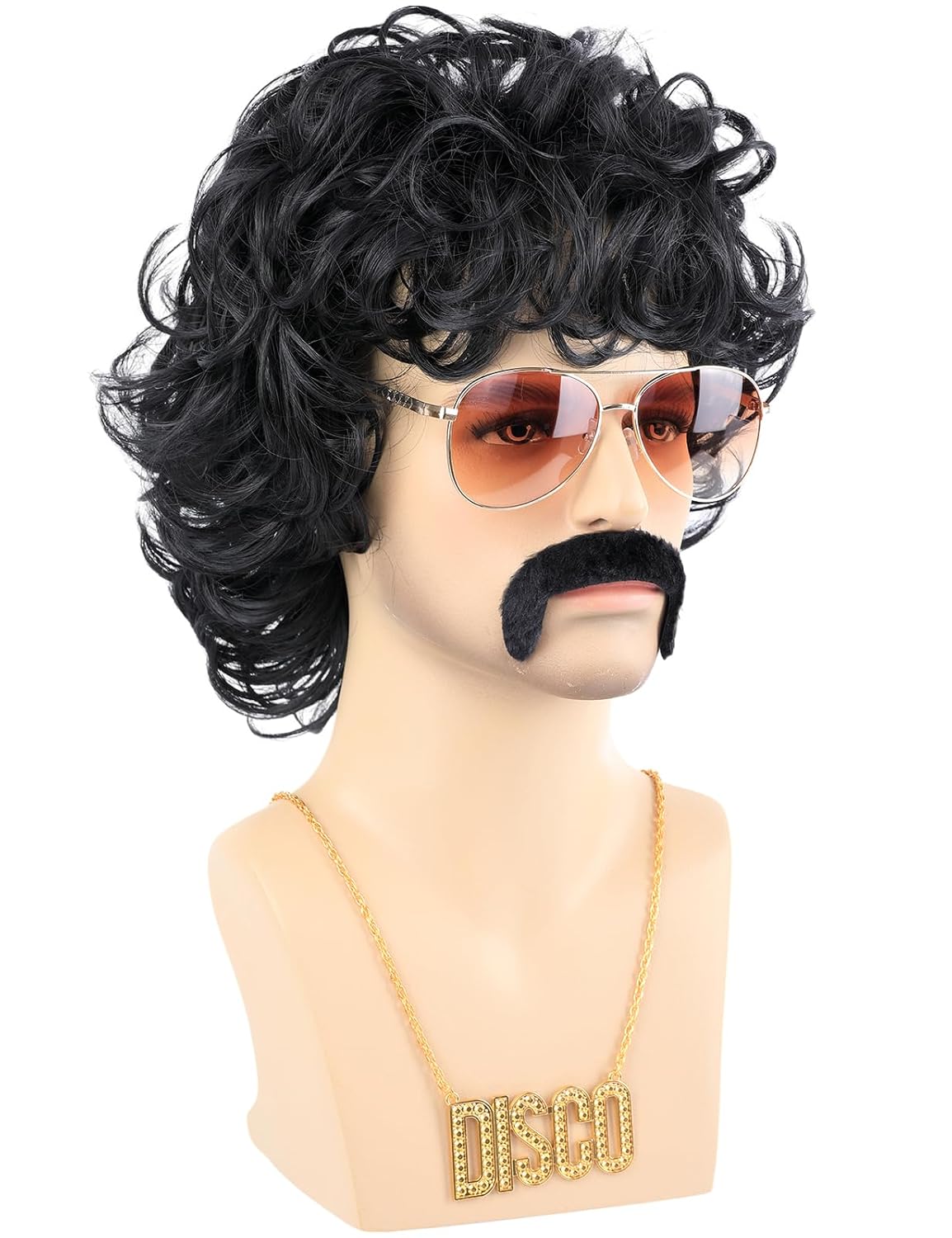 70s Disco Wigs for Men - Brown Curly 80s Mullet Wig for Halloween Costume Party Male Afro Funny Wigs with Glasses Necklace and Mustache (Black) - Image 3