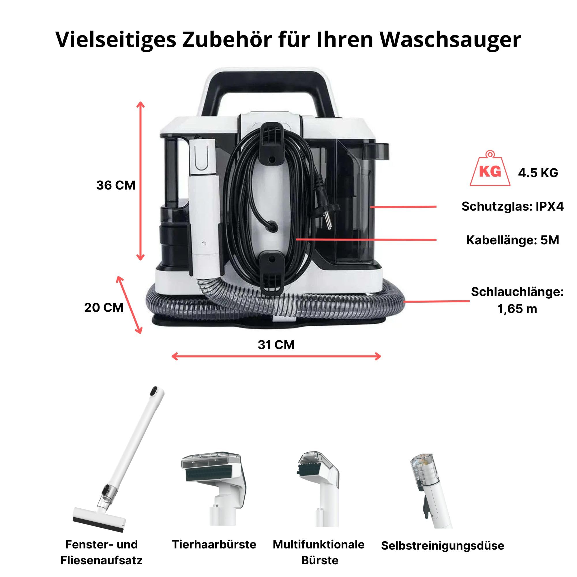 Polsterreiniger gerät - Waschsauger, Teppichreiniger, Sofa Reiniger gerät, Fleckenreiniger, Fensterreiniger, 750 Watt, für Autos, Tiere, Sofas, Teppiche, Fenster, Polstermöbel