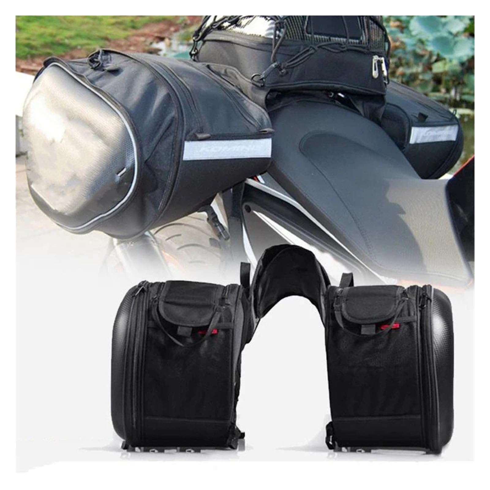 Bolsas Viaje para Casco Lateral Motocicleta + Cubierta para Lluvia Un Par Impermeables para Sillín Bolsa Moto(Oxford Cloth)