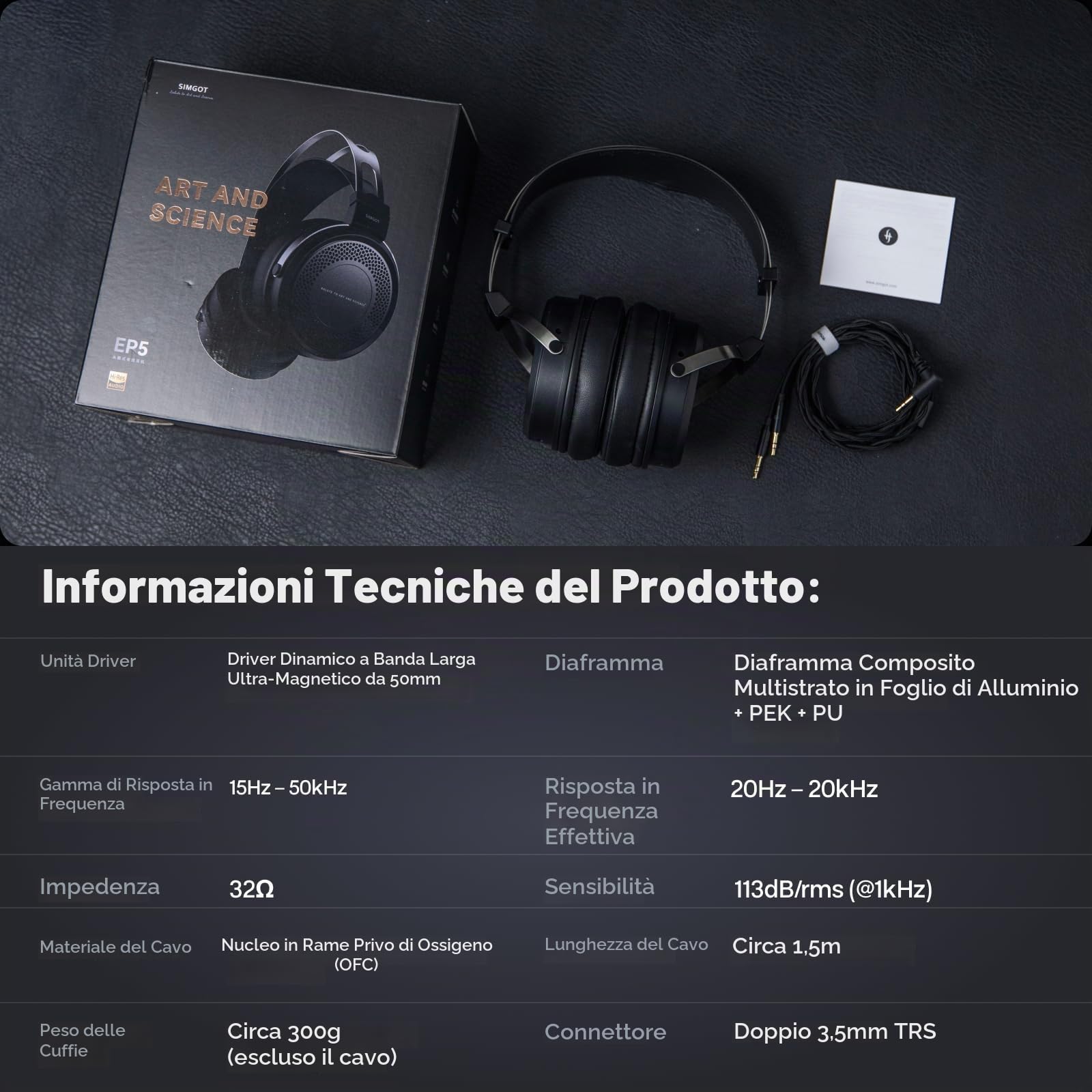 Linsoul SIMGOT EP5 Cuffie Over-Ear, Driver Ultra-Magnetici da 50 mm, Innovativo Monitor HiFi Semi-Open, Doppio Cavo TRS da 3,5 mm Staccabile, Cuffie da Gioco Leggere per PC/Mobile