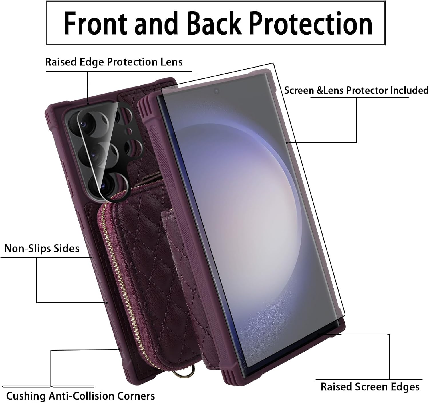 MONASAY Crossbody Wallet Case Compatible for Samsung Galaxy S24 Ultra 6.8 inch[Glass Lens and Screen Protector] Zipper Leather Phone Cover with Card Holder and Handbag Shoulder Lanyard Strap, Purple