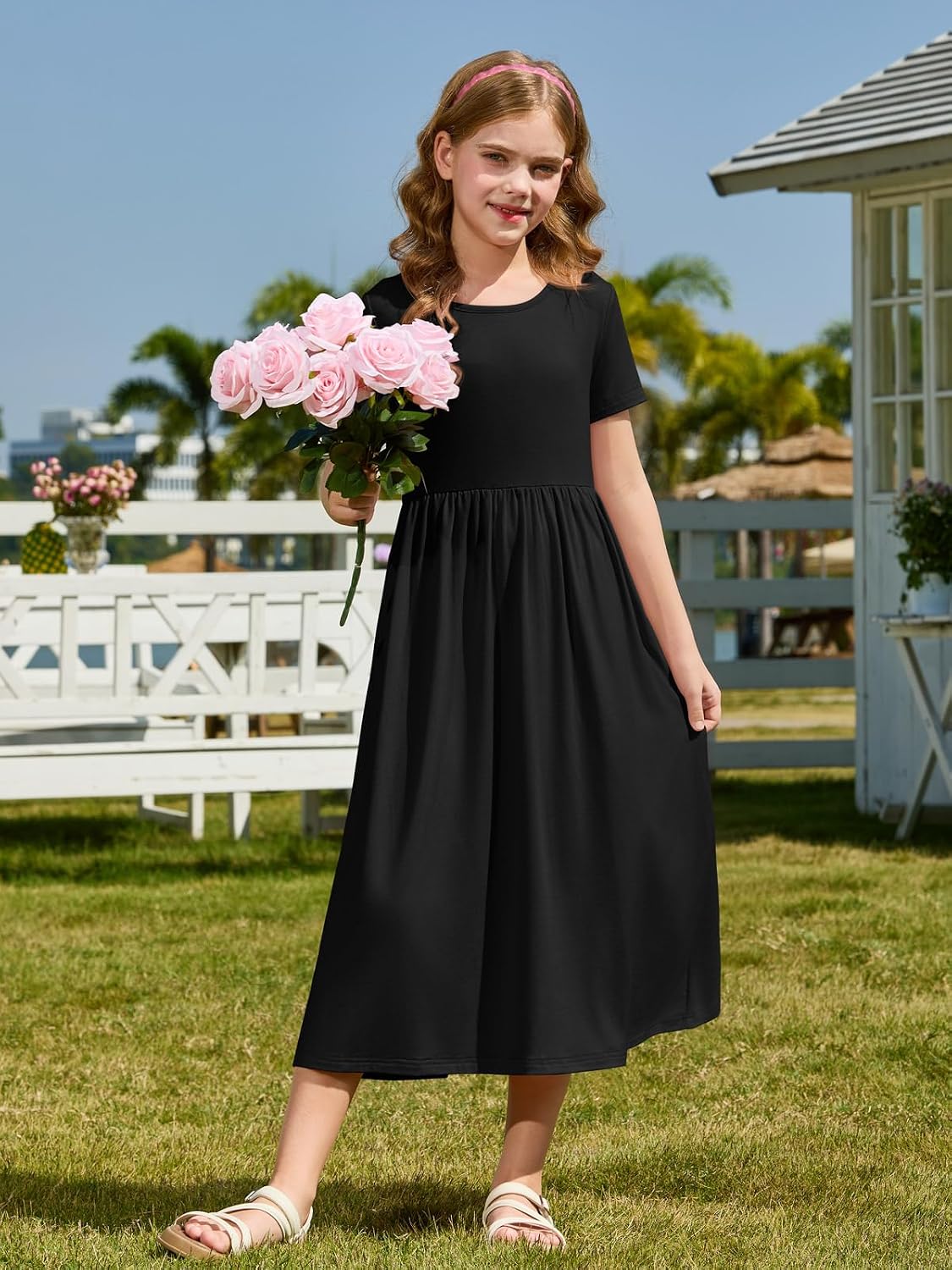 Haloumoning Girls Maxi Dress Short Sleeve Casual Holiday Summer Dress with Pockets for 5-14 Years