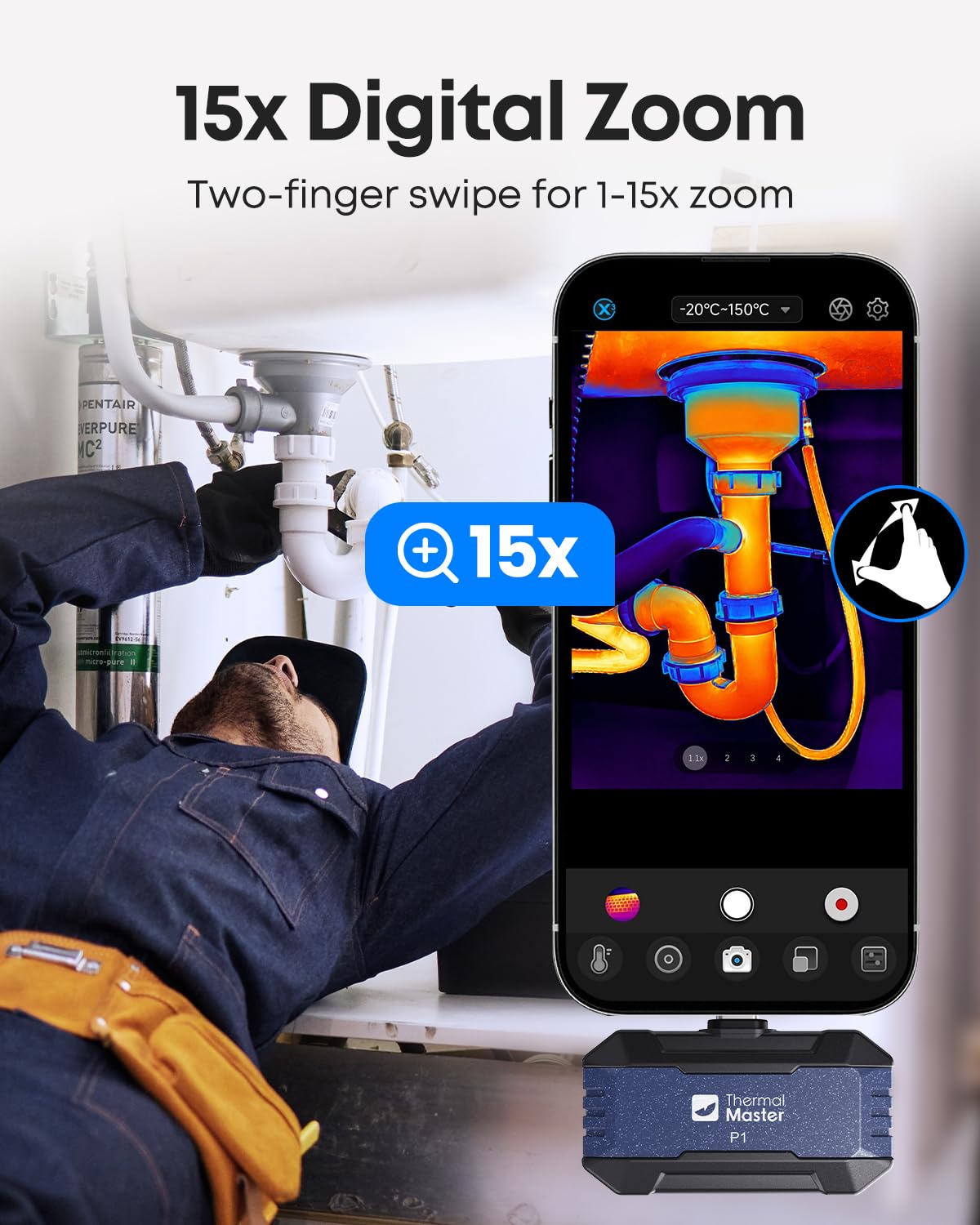 Thermal Master P1 kamera termowizyjna do USB-C iPhone i Android, 320 x 240 X³, ulepszona rozdzielczość IR, od -20°C do 600°C, 15-krotny zoom, 25 Hz, kamera na podczerwień do instalacji domowych, HVAC