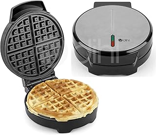 Dihl Electric Waffle Maker with Non Stick Plates, Single Round Belgium & American Style Waffle Iron, 1000W Temperature Control, Silver and Black