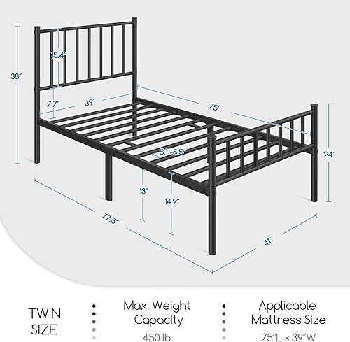 Miniatura 2 de Yaheetech Base de cama tamaño individual XL, base de colchón de plataforma de metal con cabecera y estribo, no necesita somier, almacenamiento