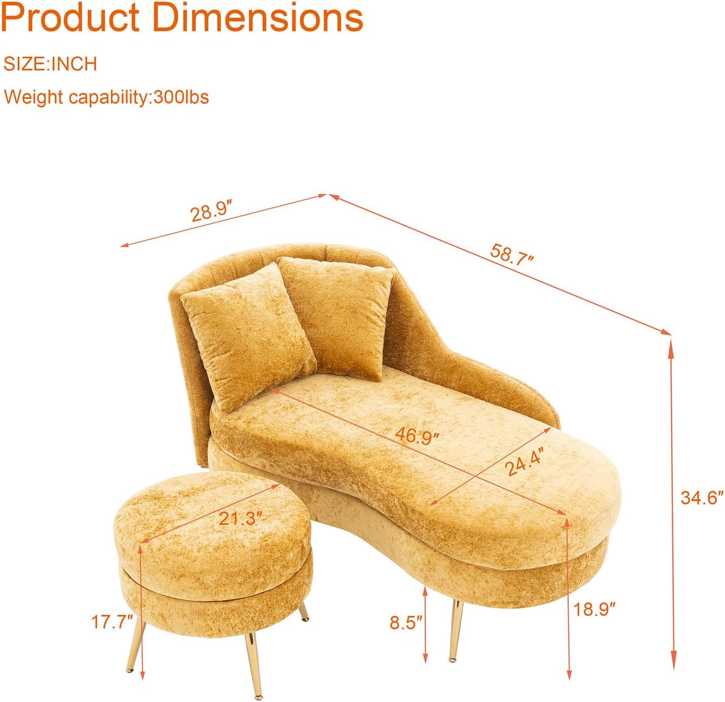 Antetek 58-inch Oversized Comfy Accent Chair with Storage Ottoman, Chenille Chaise Lounge Chair Indoor with 2 Pillows, Modern Single Deep Seat Couch for Living Room, Bedroom, Apartment, Yellow