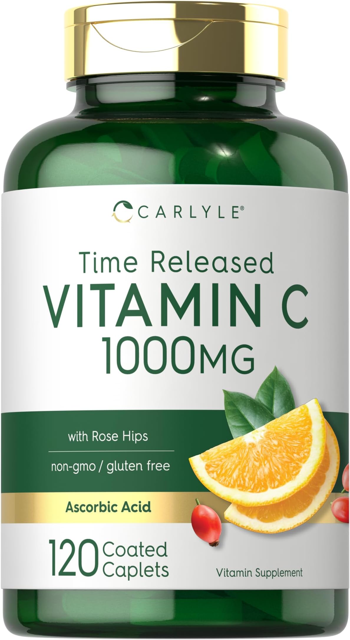 Vitamin C 1000mg | Timed Release | 120 Vegetarian Caplets | with Rose Hips | Non-GMO & Gluten Free Supplement
