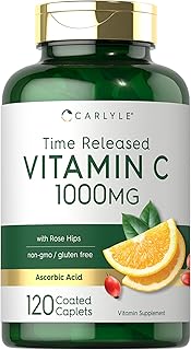 Vitamin C 1000mg | Timed Release | 120 Vegetarian Caplets | with Rose HIPS | Non-GMO & Gluten Free Supplement