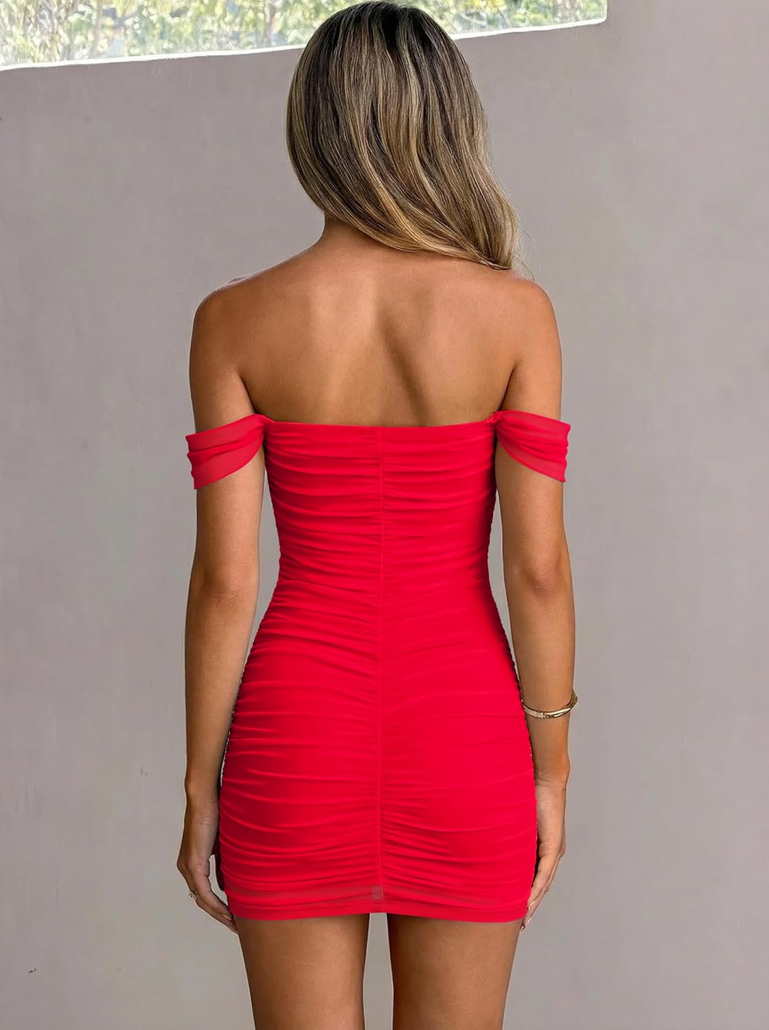 OQQ Women's Mesh Ruched Bodycon Mini Dress Sexy Off The Shoulder Cocktail Party Club Spring Dresses 2026 - Image 4
