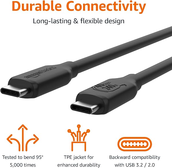 Amazon Basics USB-C to USB-C 4 Fast Charger Cable, 40 Gbps, 8K Video, 240W, USB-IF Cert, Thunderbolt 4/3 Compatible, for Apple iPhone 16/15, iPad, Samsung Galaxy, Tablets, Laptops, 1 m, Black - 4
