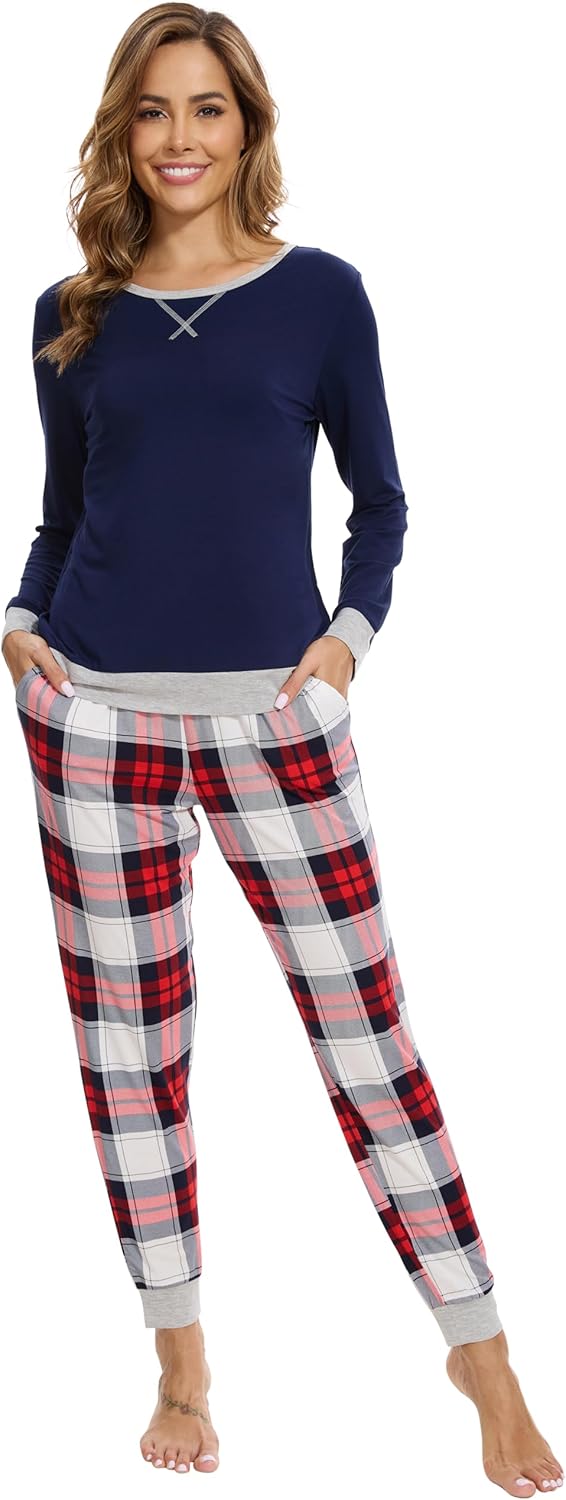 WiWi Viscose from Bamboo Women's Pajama Set Crew Neck Soft Long-Sleeve Top + Yoga Pants Sets with Pocket S-XXL