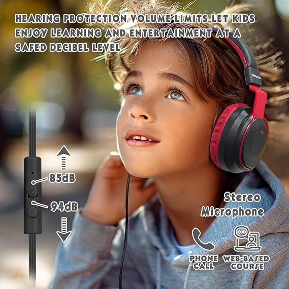 Mokata Headphone Kids Volume Limited 85/94dB Wired Over-Ear/On-Earr Foldable Headset with Inline Cable Aux 3.5mm Cord Mic for Toddler Boy Girl Child Back to School Study Pad Tablet Black