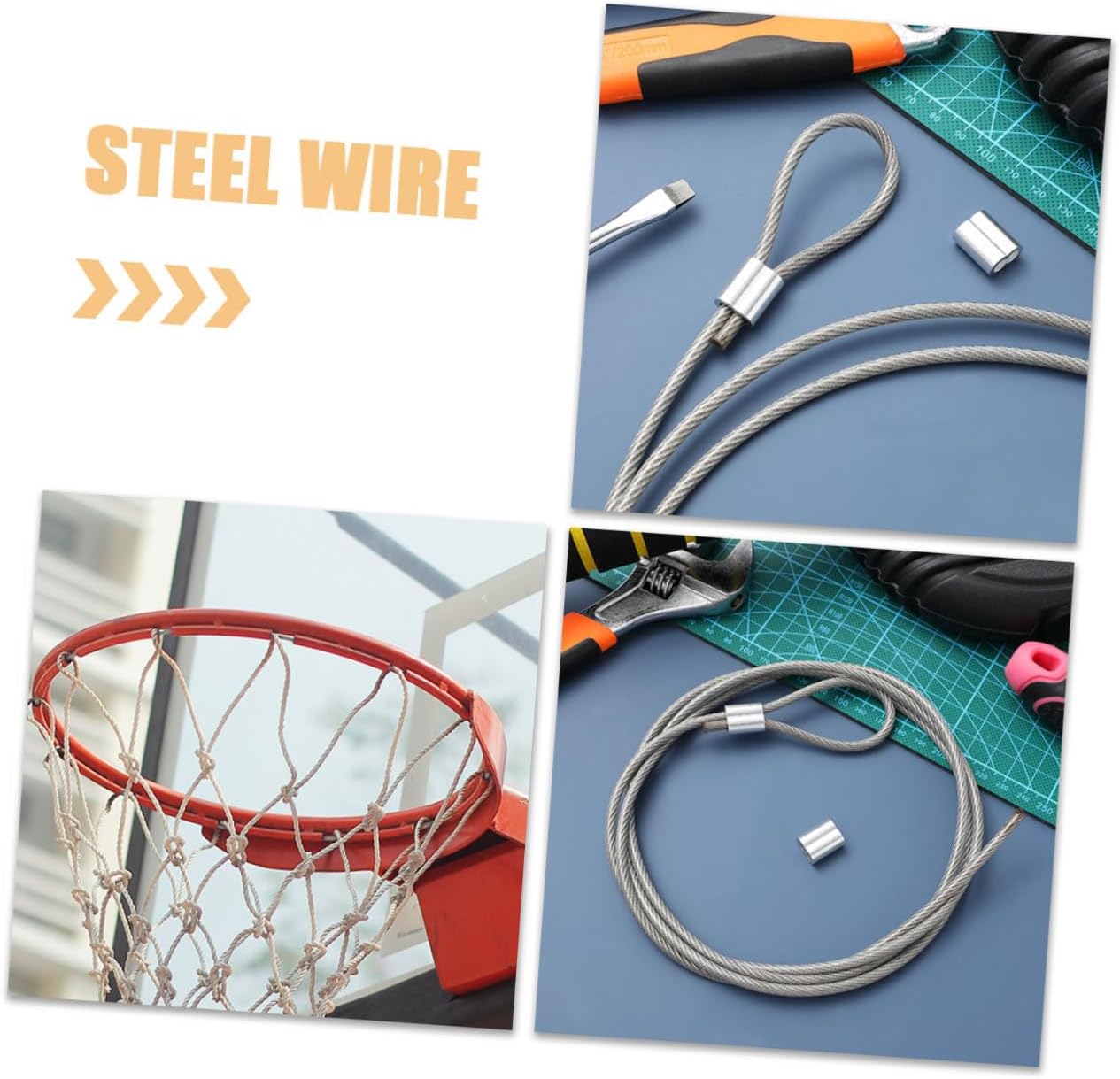 Basketball Net Replacement String Rope 2pcs Heavy-Duty Steel Wire Cord with Aluminum Buckle for Outdoor Indoor Basketball Hoops Sports Equipment