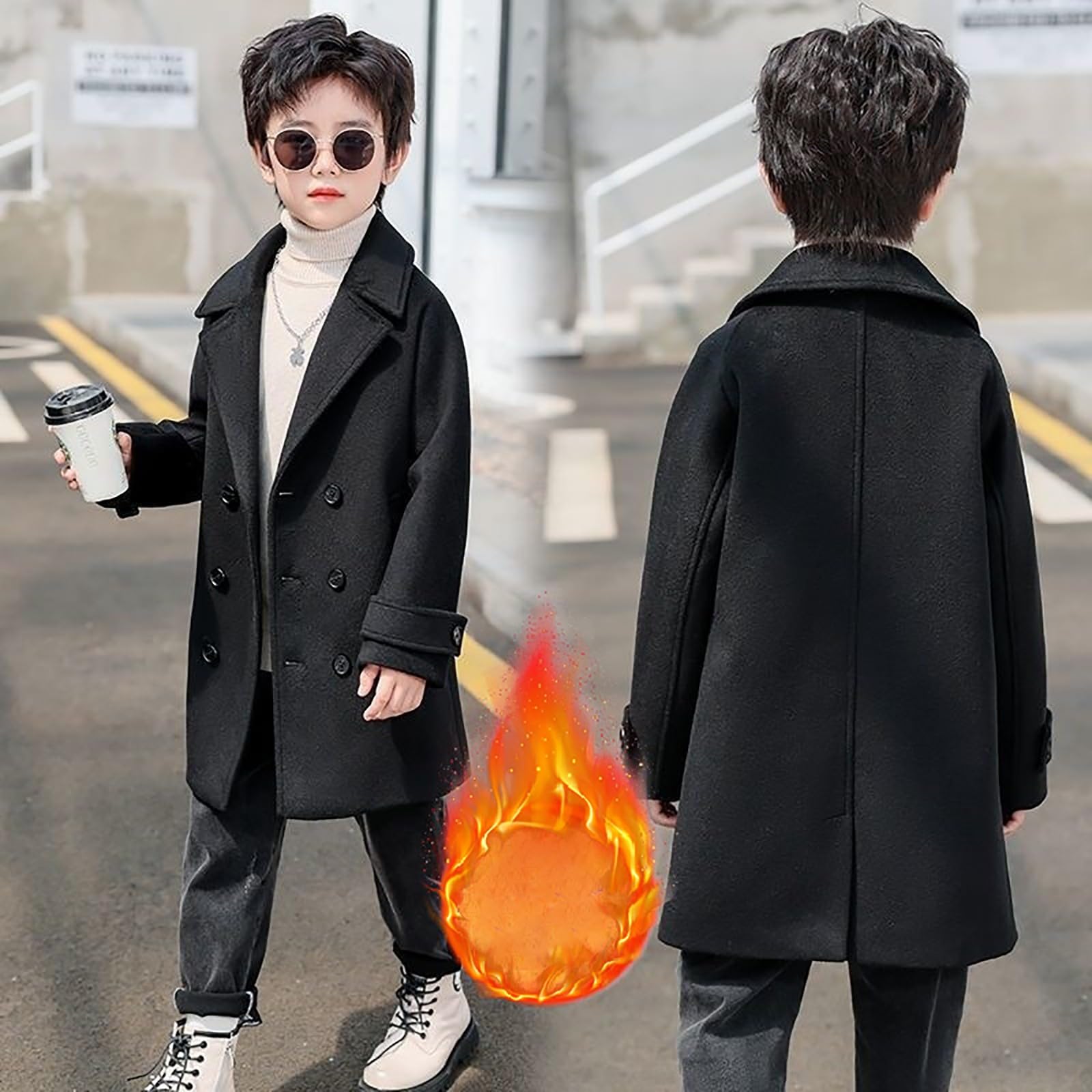 Generisch Cappotto invernale per bambini e ragazzi, cappotto di lana lungo, giacca invernale per ragazze, ragazzi, trench con risvolto, piumino con tasca, giacca per bambini alla moda, a maniche