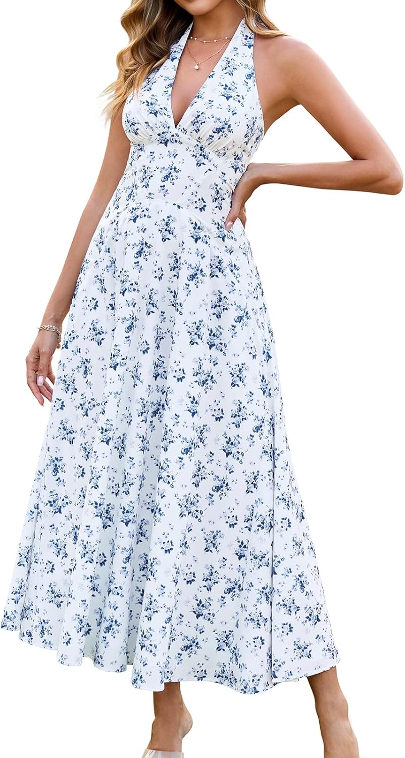 GLNEGE Women's Summer V-Neck Long Dress Casual Halter Wedding Guest Dresses Boho Flowy Smocked Sundress 2025