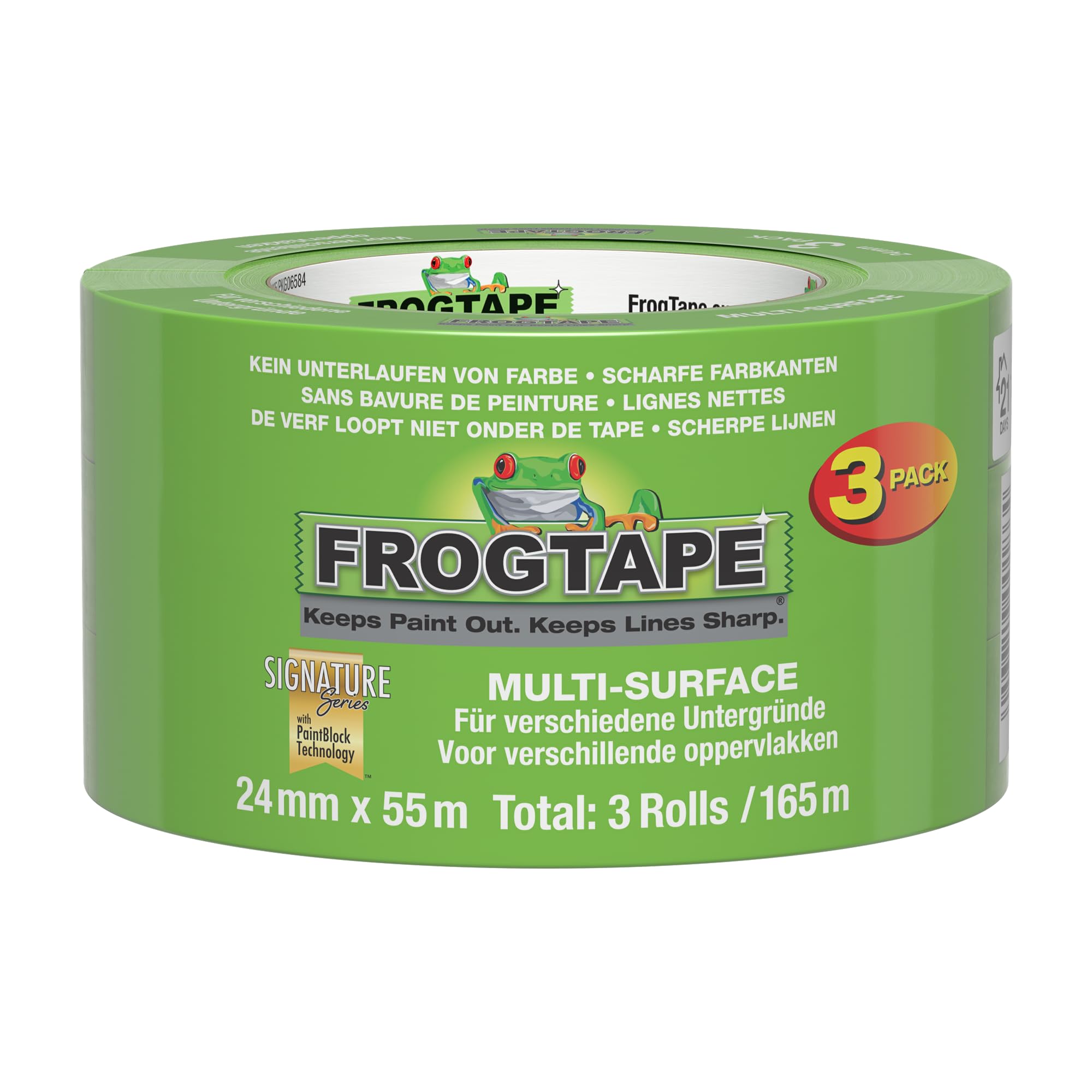 Frog Tape Multi Surface Cinta de Carrocero Verde, Tecnología PaintBlock, Cinta de Pintor para Madera Cristal y Metal, Bordes Muy Nítidos, Retirada Sin Residuos, Multisuperficie, 24mm x 55m Pack 3
