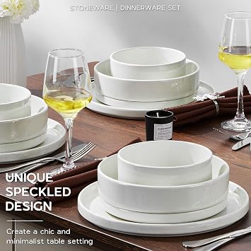 Onader Ceramic Dinnerware Sets for 6 Stoneware Plates and Bowls 24 Pieces Dishes Dinner Set Kitchen Dishware Tableware with Pasta Bowl - Cloud White