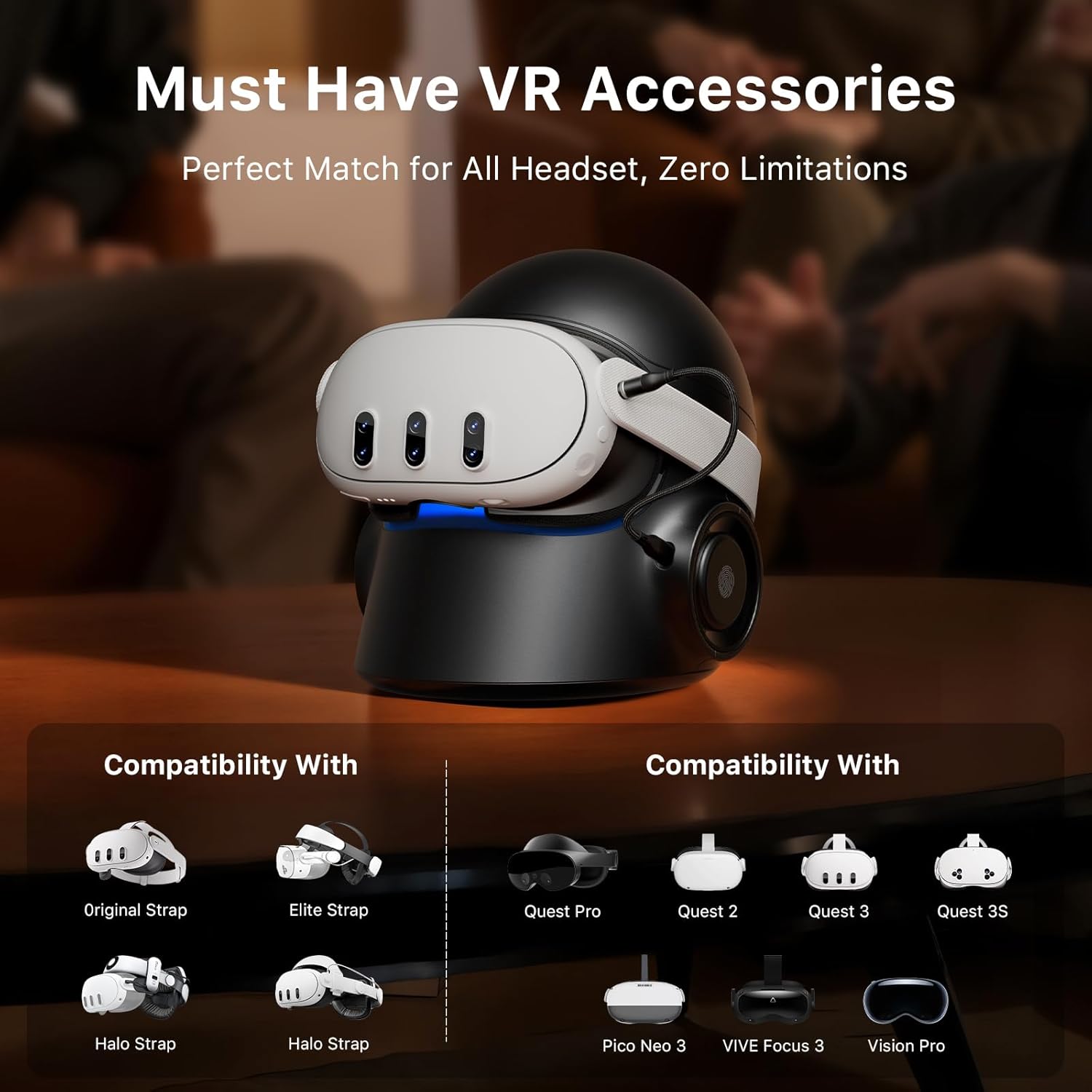 Aubika 3 in 1 VR Charging Station -Hidden Storage & RGB Light,Desktop Organizer​,Wide Compatibility for Meta Quest 3/3S/Pro/2, Meta Quest Accessories,Black