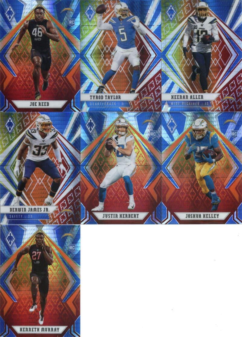 2020 Phoenix Fire Burst Los Angeles Chargers Team Set of 7 Cards: Tyrod Taylor(#16), Keenan Allen(#17), Derwin James Jr.(#18), Justin Herbert(#103), Joshua Kelley(#139), Kenneth Murray(#151), Joe Reed(#173)