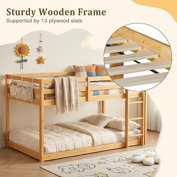 Bunk Bed Twin Over Twin, Floor Bunk Bed with Ladder, Twin Bunk Bed with Full Guardrails & Reinforced Slats, Sturdy Wooden Bunk Bed for JKids, Teens, Juniors, Bedroom & Dorm (Natural)